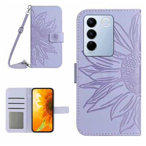HT04 Skin Feel Sun Flower Embossed Flip Leather Phone Case with Lanyard, For vivo V27, For Samsung Galaxy F14 5G Global, For Xiaomi 13 Ultra