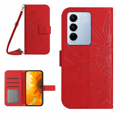 HT04 Skin Feel Sun Flower Embossed Flip Leather Phone Case with Lanyard, For vivo V27, For Samsung Galaxy F14 5G Global, For Xiaomi 13 Ultra