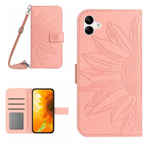 HT04 Skin Feel Sun Flower Embossed Flip Leather Phone Case with Lanyard, For vivo V27, For Samsung Galaxy F14 5G Global, For Xiaomi 13 Ultra