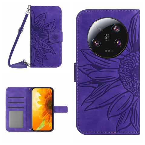 HT04 Skin Feel Sun Flower Embossed Flip Leather Phone Case with Lanyard, For vivo V27, For Samsung Galaxy F14 5G Global, For Xiaomi 13 Ultra