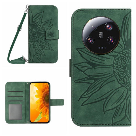 HT04 Skin Feel Sun Flower Embossed Flip Leather Phone Case with Lanyard, For vivo V27, For Samsung Galaxy F14 5G Global, For Xiaomi 13 Ultra