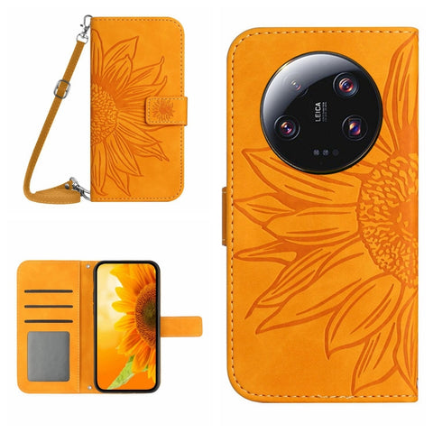 HT04 Skin Feel Sun Flower Embossed Flip Leather Phone Case with Lanyard, For vivo V27, For Samsung Galaxy F14 5G Global, For Xiaomi 13 Ultra