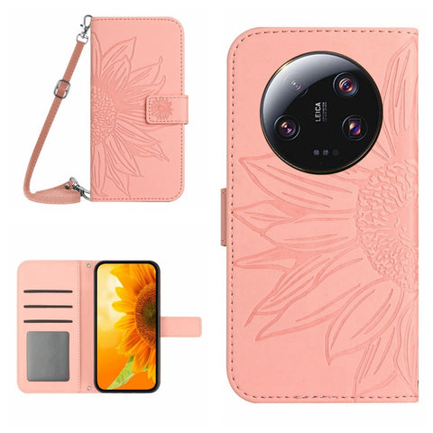 HT04 Skin Feel Sun Flower Embossed Flip Leather Phone Case with Lanyard, For vivo V27, For Samsung Galaxy F14 5G Global, For Xiaomi 13 Ultra