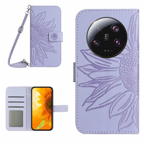 HT04 Skin Feel Sun Flower Embossed Flip Leather Phone Case with Lanyard, For vivo V27, For Samsung Galaxy F14 5G Global, For Xiaomi 13 Ultra