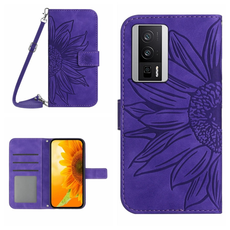 Skin Feel Sun Flower Embossed Flip Leather Phone Case with Lanyard, For Xiaomi Poco F5 Pro, For Xiaomi Redmi Note 12S