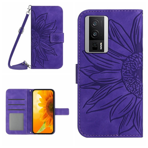 Skin Feel Sun Flower Embossed Flip Leather Phone Case with Lanyard, For Xiaomi Poco F5 Pro, For Xiaomi Redmi Note 12S