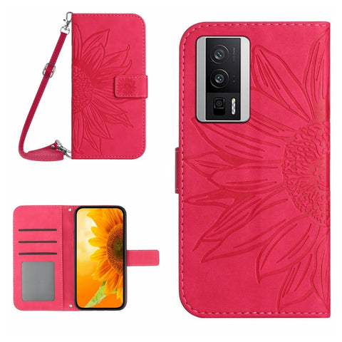 Skin Feel Sun Flower Embossed Flip Leather Phone Case with Lanyard, For Xiaomi Poco F5 Pro, For Xiaomi Redmi Note 12S