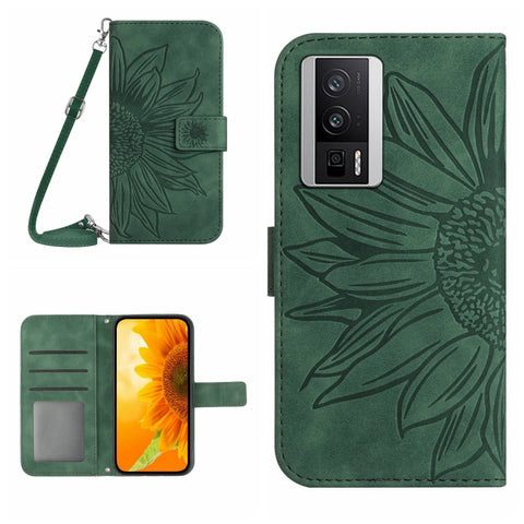 Skin Feel Sun Flower Embossed Flip Leather Phone Case with Lanyard, For Xiaomi Poco F5 Pro, For Xiaomi Redmi Note 12S