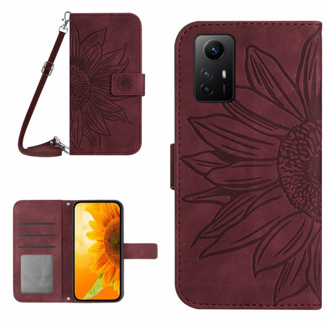 Skin Feel Sun Flower Embossed Flip Leather Phone Case with Lanyard, For Xiaomi Poco F5 Pro, For Xiaomi Redmi Note 12S