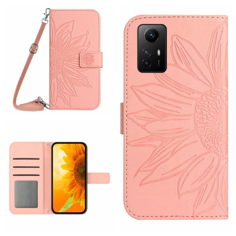 Skin Feel Sun Flower Embossed Flip Leather Phone Case with Lanyard, For Xiaomi Poco F5 Pro, For Xiaomi Redmi Note 12S