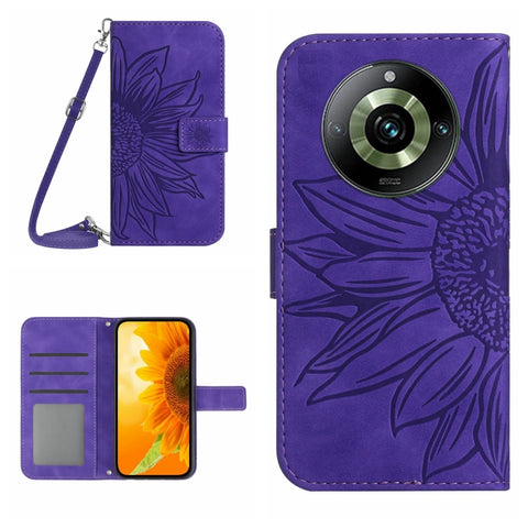 Skin Feel Sun Flower Embossed Flip Leather Phone Case with Lanyard, For Realme 11 Pro