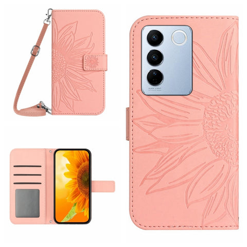Skin Feel Sun Flower Embossed Flip Leather Phone Case with Lanyard, For vivo V27E 4G Global, For vivo Y02A 4G / Y02 4G / Y11 2023, For vivo Y55S 5G 2023 / Y55 5G / T1 5G, For vivo Y75 5G Global