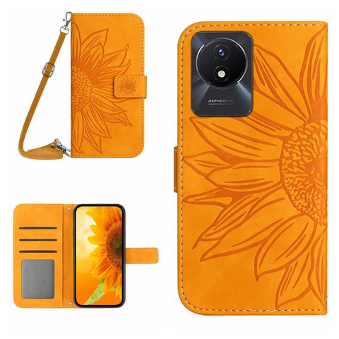 Skin Feel Sun Flower Embossed Flip Leather Phone Case with Lanyard, For vivo V27E 4G Global, For vivo Y02A 4G / Y02 4G / Y11 2023, For vivo Y55S 5G 2023 / Y55 5G / T1 5G, For vivo Y75 5G Global