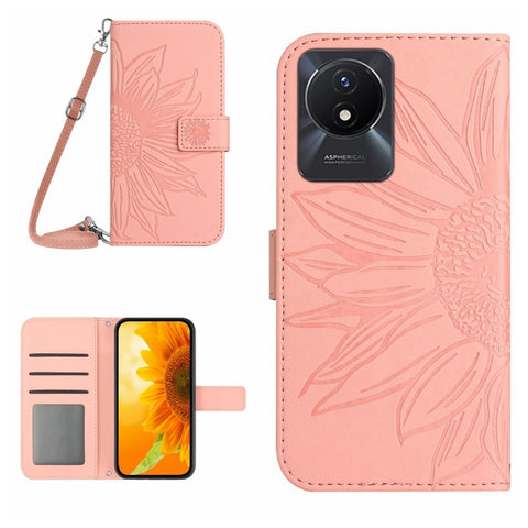 Skin Feel Sun Flower Embossed Flip Leather Phone Case with Lanyard, For vivo V27E 4G Global, For vivo Y02A 4G / Y02 4G / Y11 2023, For vivo Y55S 5G 2023 / Y55 5G / T1 5G, For vivo Y75 5G Global