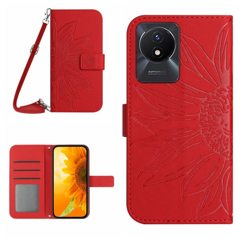 Skin Feel Sun Flower Embossed Flip Leather Phone Case with Lanyard, For vivo V27E 4G Global, For vivo Y02A 4G / Y02 4G / Y11 2023, For vivo Y55S 5G 2023 / Y55 5G / T1 5G, For vivo Y75 5G Global