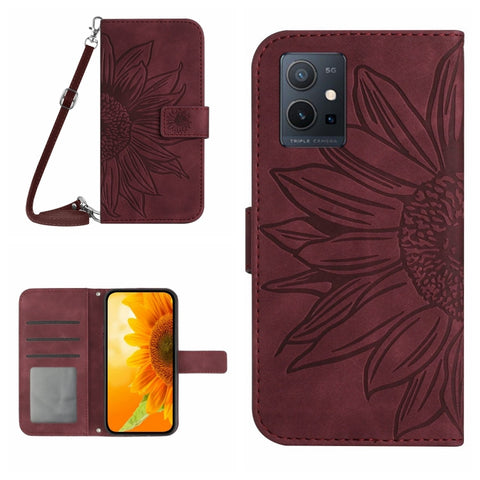 Skin Feel Sun Flower Embossed Flip Leather Phone Case with Lanyard, For vivo V27E 4G Global, For vivo Y02A 4G / Y02 4G / Y11 2023, For vivo Y55S 5G 2023 / Y55 5G / T1 5G, For vivo Y75 5G Global