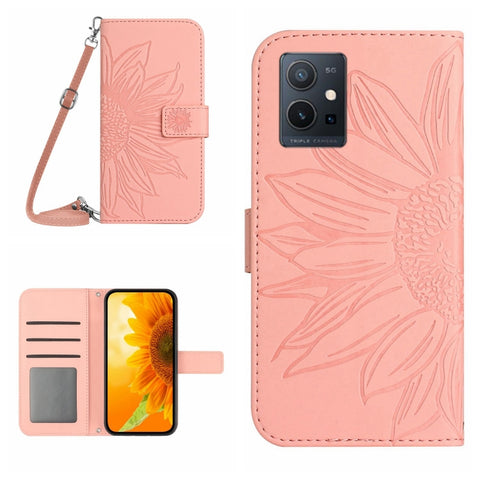 Skin Feel Sun Flower Embossed Flip Leather Phone Case with Lanyard, For vivo V27E 4G Global, For vivo Y02A 4G / Y02 4G / Y11 2023, For vivo Y55S 5G 2023 / Y55 5G / T1 5G, For vivo Y75 5G Global