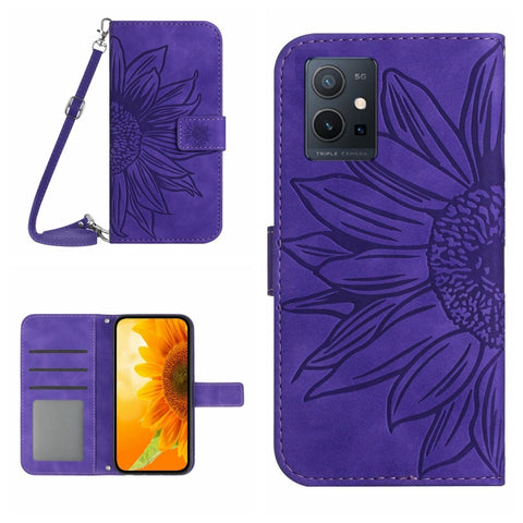 Skin Feel Sun Flower Embossed Flip Leather Phone Case with Lanyard, For vivo V27E 4G Global, For vivo Y02A 4G / Y02 4G / Y11 2023, For vivo Y55S 5G 2023 / Y55 5G / T1 5G, For vivo Y75 5G Global