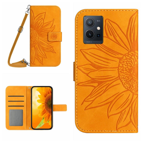 Skin Feel Sun Flower Embossed Flip Leather Phone Case with Lanyard, For vivo V27E 4G Global, For vivo Y02A 4G / Y02 4G / Y11 2023, For vivo Y55S 5G 2023 / Y55 5G / T1 5G, For vivo Y75 5G Global