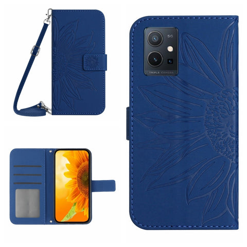 Skin Feel Sun Flower Embossed Flip Leather Phone Case with Lanyard, For vivo V27E 4G Global, For vivo Y02A 4G / Y02 4G / Y11 2023, For vivo Y55S 5G 2023 / Y55 5G / T1 5G, For vivo Y75 5G Global