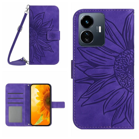 Skin Feel Sun Flower Embossed Flip Leather Phone Case with Lanyard, For vivo Y56 5G Global, For vivo Y02S Global / Y16 4G Global, For vivo Y77E 5G, For vivo Y77 5G Global / Y22S 4G Global