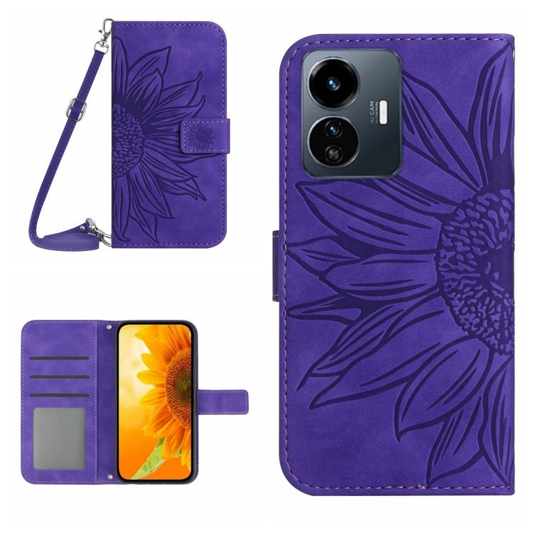 Skin Feel Sun Flower Embossed Flip Leather Phone Case with Lanyard, For vivo Y22 4G Global / Y35 4G Global