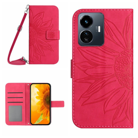 Skin Feel Sun Flower Embossed Flip Leather Phone Case with Lanyard, For vivo Y22 4G Global / Y35 4G Global