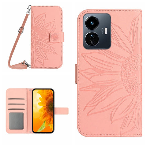 Skin Feel Sun Flower Embossed Flip Leather Phone Case with Lanyard, For vivo Y22 4G Global / Y35 4G Global