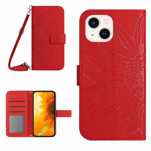 Skin Feel Sun Flower Embossed Flip Leather Phone Case with Lanyard, For iPhone 16, For iPhone 15 Pro Max, For iPhone 15 Pro, For iPhone 15 Plus