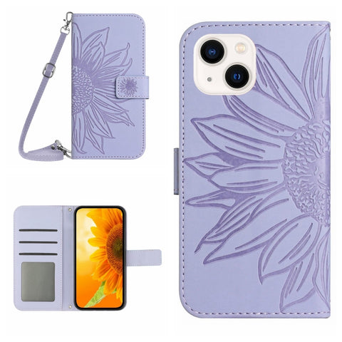 Skin Feel Sun Flower Embossed Flip Leather Phone Case with Lanyard, For iPhone 16, For iPhone 15 Pro Max, For iPhone 15 Pro, For iPhone 15 Plus