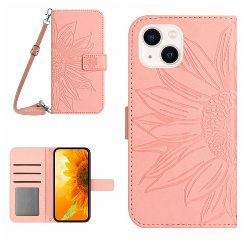 Skin Feel Sun Flower Embossed Flip Leather Phone Case with Lanyard, For iPhone 16, For iPhone 15 Pro Max, For iPhone 15 Pro, For iPhone 15 Plus