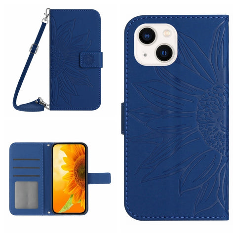 Skin Feel Sun Flower Embossed Flip Leather Phone Case with Lanyard, For iPhone 16, For iPhone 15 Pro Max, For iPhone 15 Pro, For iPhone 15 Plus