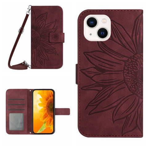 Skin Feel Sun Flower Embossed Flip Leather Phone Case with Lanyard, For iPhone 16, For iPhone 15 Pro Max, For iPhone 15 Pro, For iPhone 15 Plus