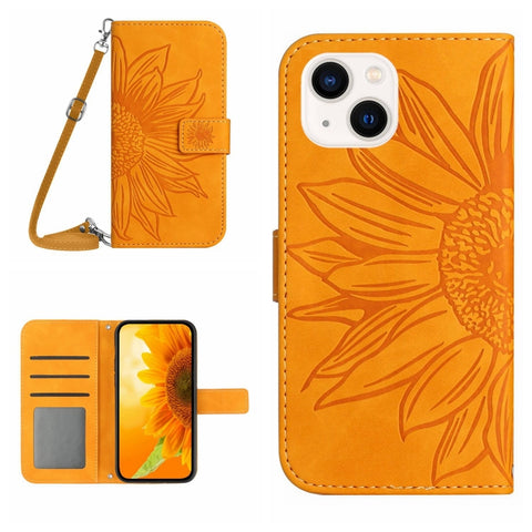 Skin Feel Sun Flower Embossed Flip Leather Phone Case with Lanyard, For iPhone 16, For iPhone 15 Pro Max, For iPhone 15 Pro, For iPhone 15 Plus