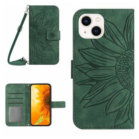 Skin Feel Sun Flower Embossed Flip Leather Phone Case with Lanyard, For iPhone 16, For iPhone 15 Pro Max, For iPhone 15 Pro, For iPhone 15 Plus