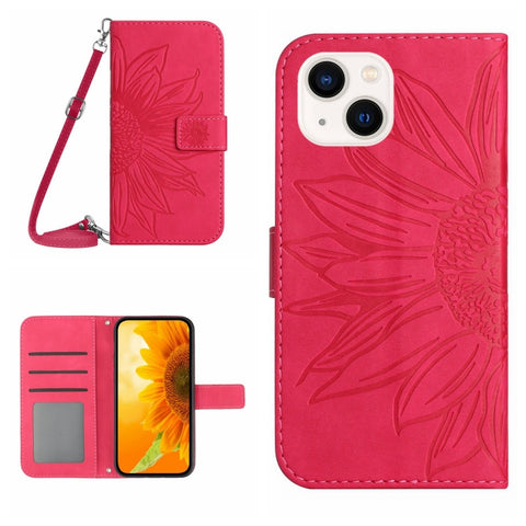 Skin Feel Sun Flower Embossed Flip Leather Phone Case with Lanyard, For iPhone 16, For iPhone 15 Pro Max, For iPhone 15 Pro, For iPhone 15 Plus