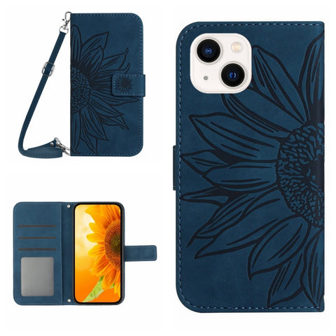 Skin Feel Sun Flower Embossed Flip Leather Phone Case with Lanyard, For iPhone 16, For iPhone 15 Pro Max, For iPhone 15 Pro, For iPhone 15 Plus