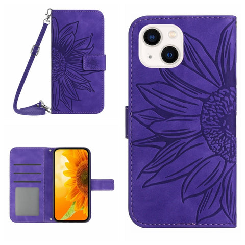 Skin Feel Sun Flower Embossed Flip Leather Phone Case with Lanyard, For iPhone 16, For iPhone 15 Pro Max, For iPhone 15 Pro, For iPhone 15 Plus
