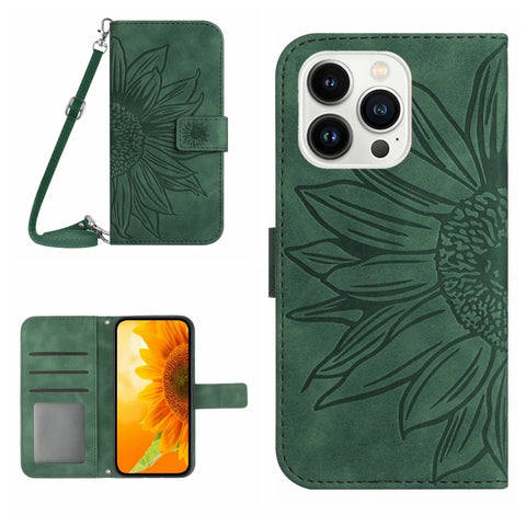 Skin Feel Sun Flower Embossed Flip Leather Phone Case with Lanyard, For iPhone 16, For iPhone 15 Pro Max, For iPhone 15 Pro, For iPhone 15 Plus