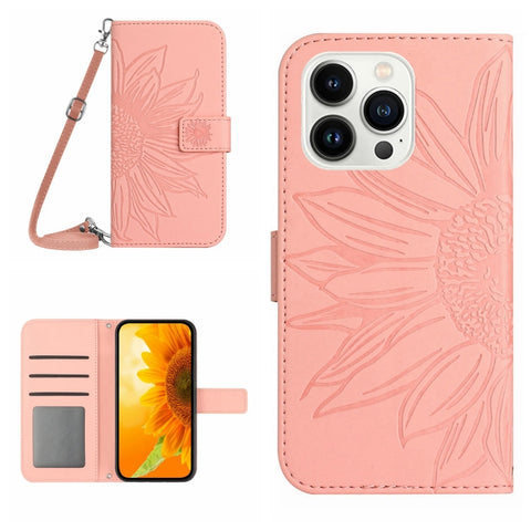 Skin Feel Sun Flower Embossed Flip Leather Phone Case with Lanyard, For iPhone 16, For iPhone 15 Pro Max, For iPhone 15 Pro, For iPhone 15 Plus