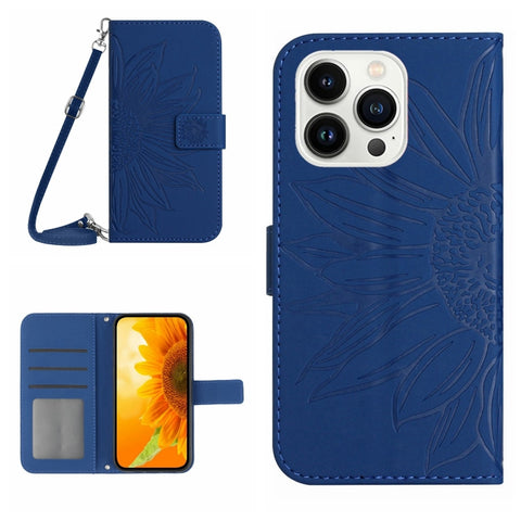 Skin Feel Sun Flower Embossed Flip Leather Phone Case with Lanyard, For iPhone 16, For iPhone 15 Pro Max, For iPhone 15 Pro, For iPhone 15 Plus