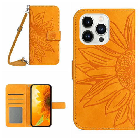 Skin Feel Sun Flower Embossed Flip Leather Phone Case with Lanyard, For iPhone 16, For iPhone 15 Pro Max, For iPhone 15 Pro, For iPhone 15 Plus