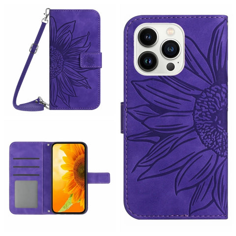 Skin Feel Sun Flower Embossed Flip Leather Phone Case with Lanyard, For iPhone 16, For iPhone 15 Pro Max, For iPhone 15 Pro, For iPhone 15 Plus