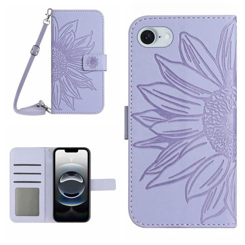 Skin Feel Sun Flower Embossed Flip Leather Phone Case with Lanyard, For iPhone 18 Pro / 17 Pro, For iPhone 18 Pro Max / 17 Pro Max, For iPhone 17e / 16e, For iPhone 17