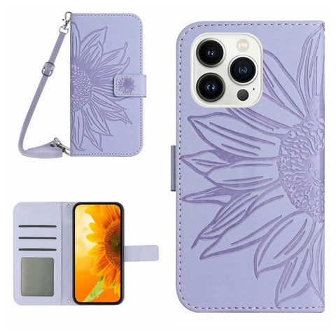 Skin Feel Sun Flower Embossed Flip Leather Phone Case with Lanyard, For iPhone Air, For iPhone 16 Pro Max, For iPhone 16 Pro, For iPhone 16 Plus