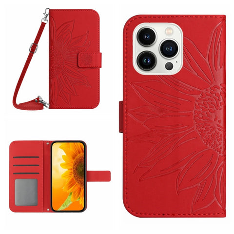 Skin Feel Sun Flower Embossed Flip Leather Phone Case with Lanyard, For iPhone Air, For iPhone 16 Pro Max, For iPhone 16 Pro, For iPhone 16 Plus
