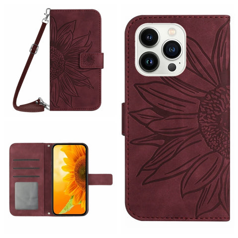 Skin Feel Sun Flower Embossed Flip Leather Phone Case with Lanyard, For iPhone Air, For iPhone 16 Pro Max, For iPhone 16 Pro, For iPhone 16 Plus
