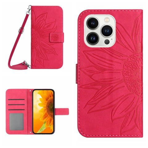 Skin Feel Sun Flower Embossed Flip Leather Phone Case with Lanyard, For iPhone Air, For iPhone 16 Pro Max, For iPhone 16 Pro, For iPhone 16 Plus
