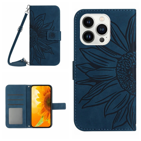 Skin Feel Sun Flower Embossed Flip Leather Phone Case with Lanyard, For iPhone Air, For iPhone 16 Pro Max, For iPhone 16 Pro, For iPhone 16 Plus