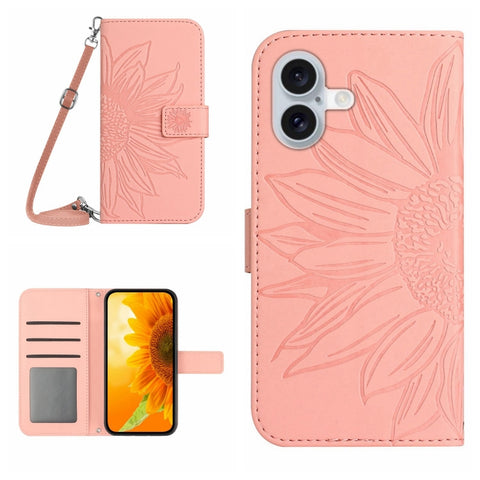 Skin Feel Sun Flower Embossed Flip Leather Phone Case with Lanyard, For iPhone Air, For iPhone 16 Pro Max, For iPhone 16 Pro, For iPhone 16 Plus